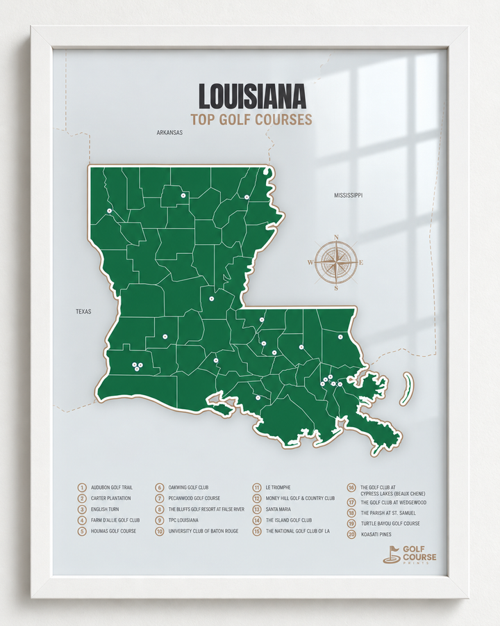 Louisiana golf courses map in Green - White Framed