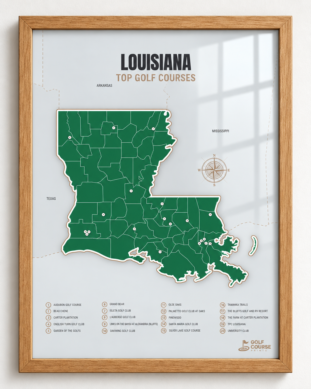 Louisiana golf courses map in Green - Wooden Framed