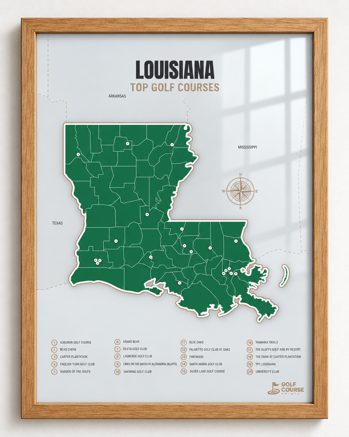 Louisiana golf courses map in Green - Wooden Framed