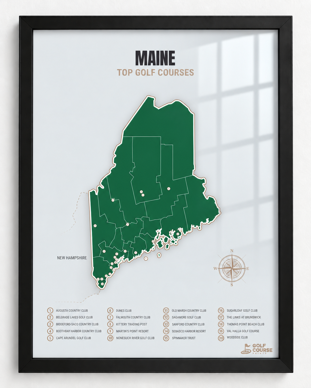 Maine golf courses map in Green - Black Framed