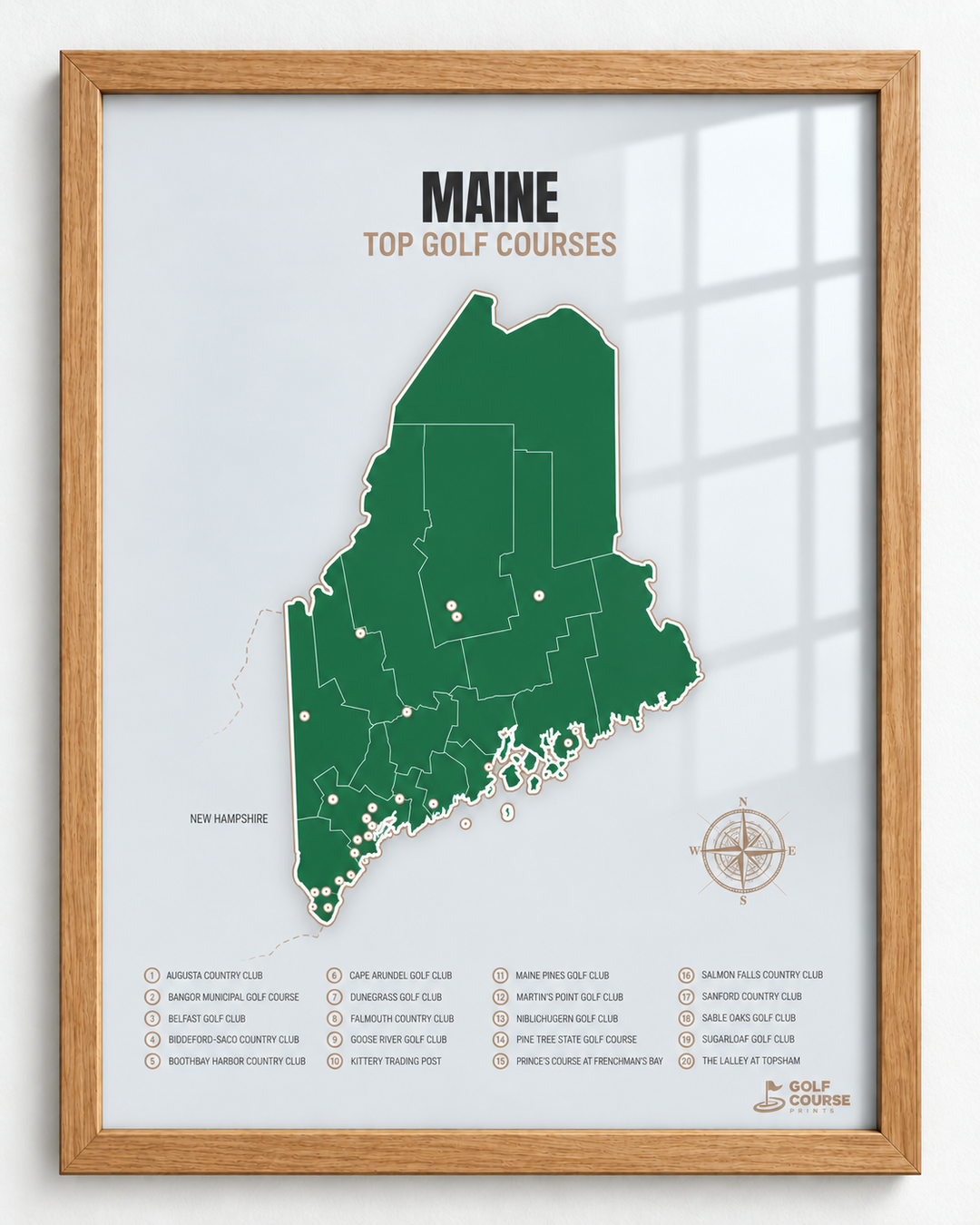 Maine golf courses map in Green - Wooden Framed