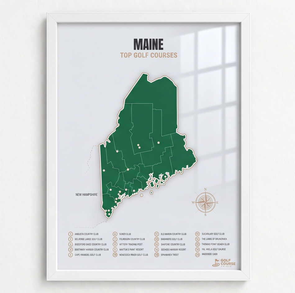 Maine golf courses map in Green - White Framed