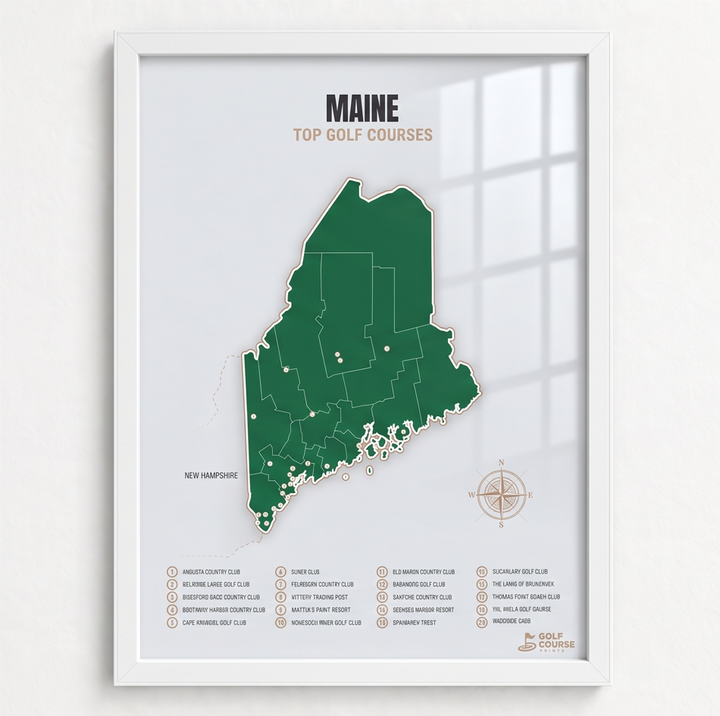 Maine golf courses map in Green - White Framed