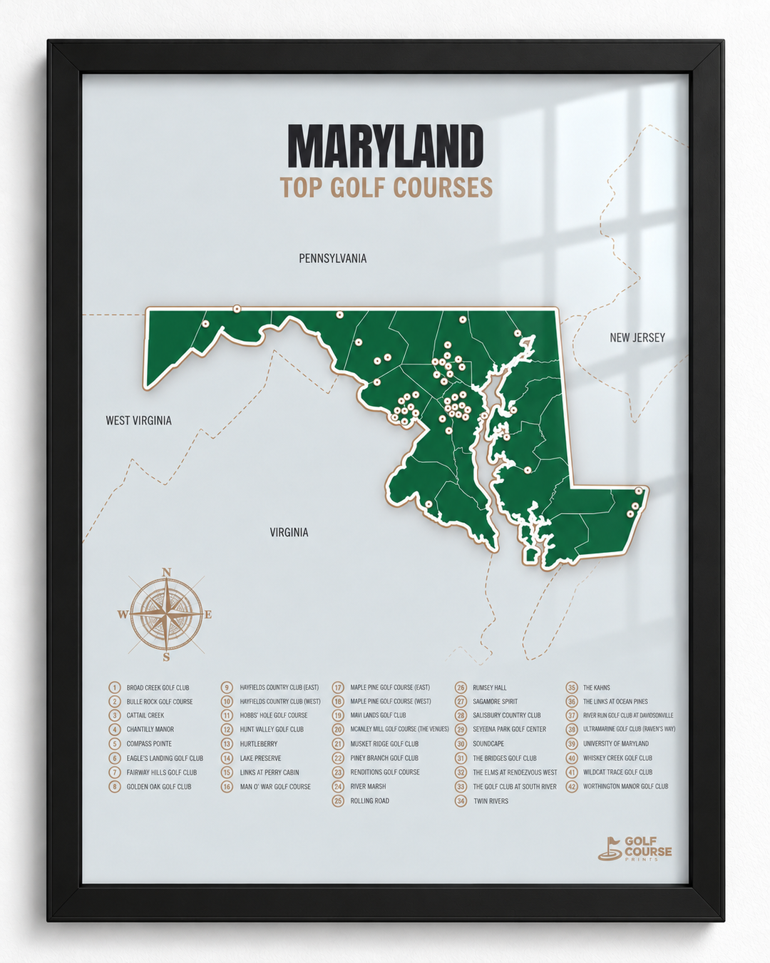 Maryland golf courses map in Green - Black Framed