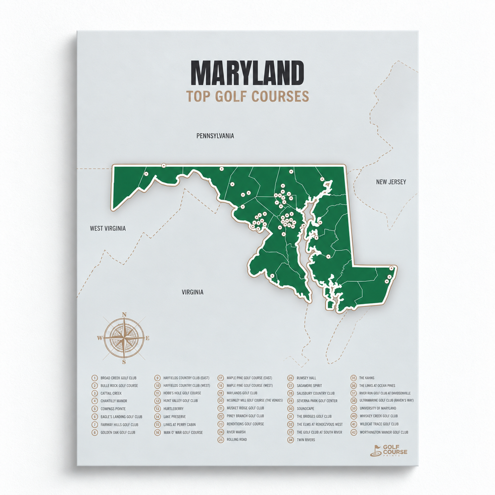 Maryland golf courses map in Green - Unframed