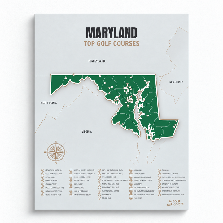 Maryland golf courses map in Green - Unframed