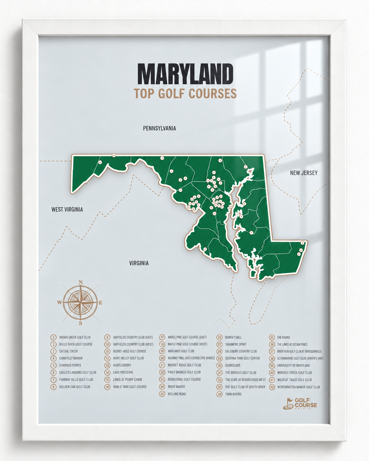 Maryland golf courses map in Green - White Framed