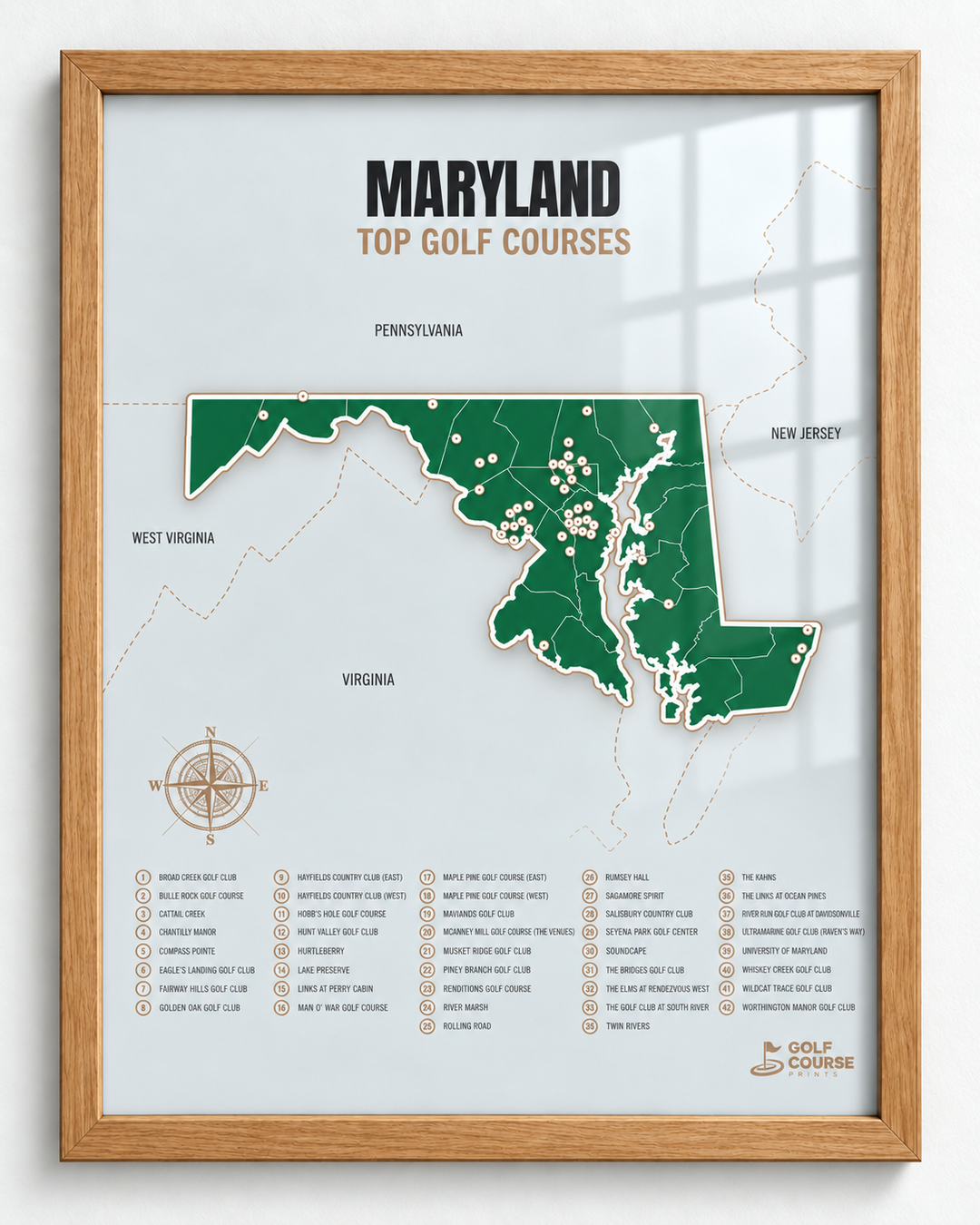 Maryland golf courses map in Green - Wooden Framed