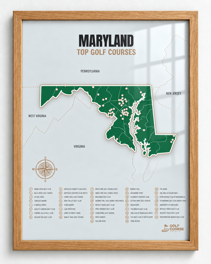 Maryland golf courses map in Green - Wooden Framed