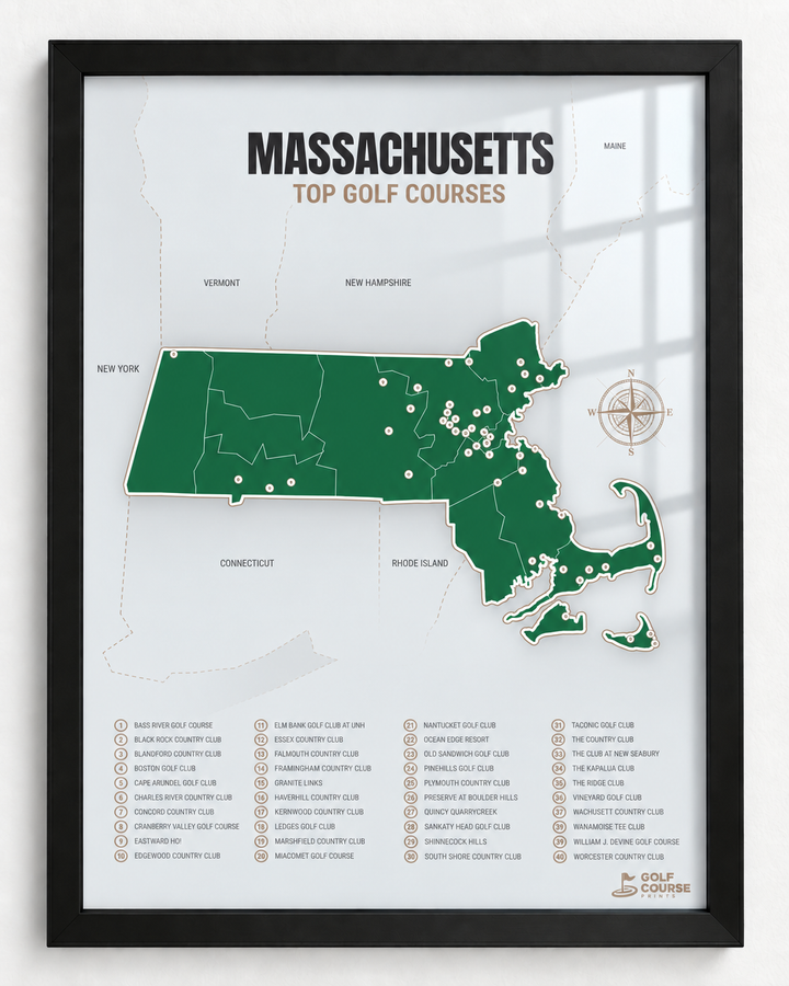 Massachusetts golf courses map in Green - Black Framed