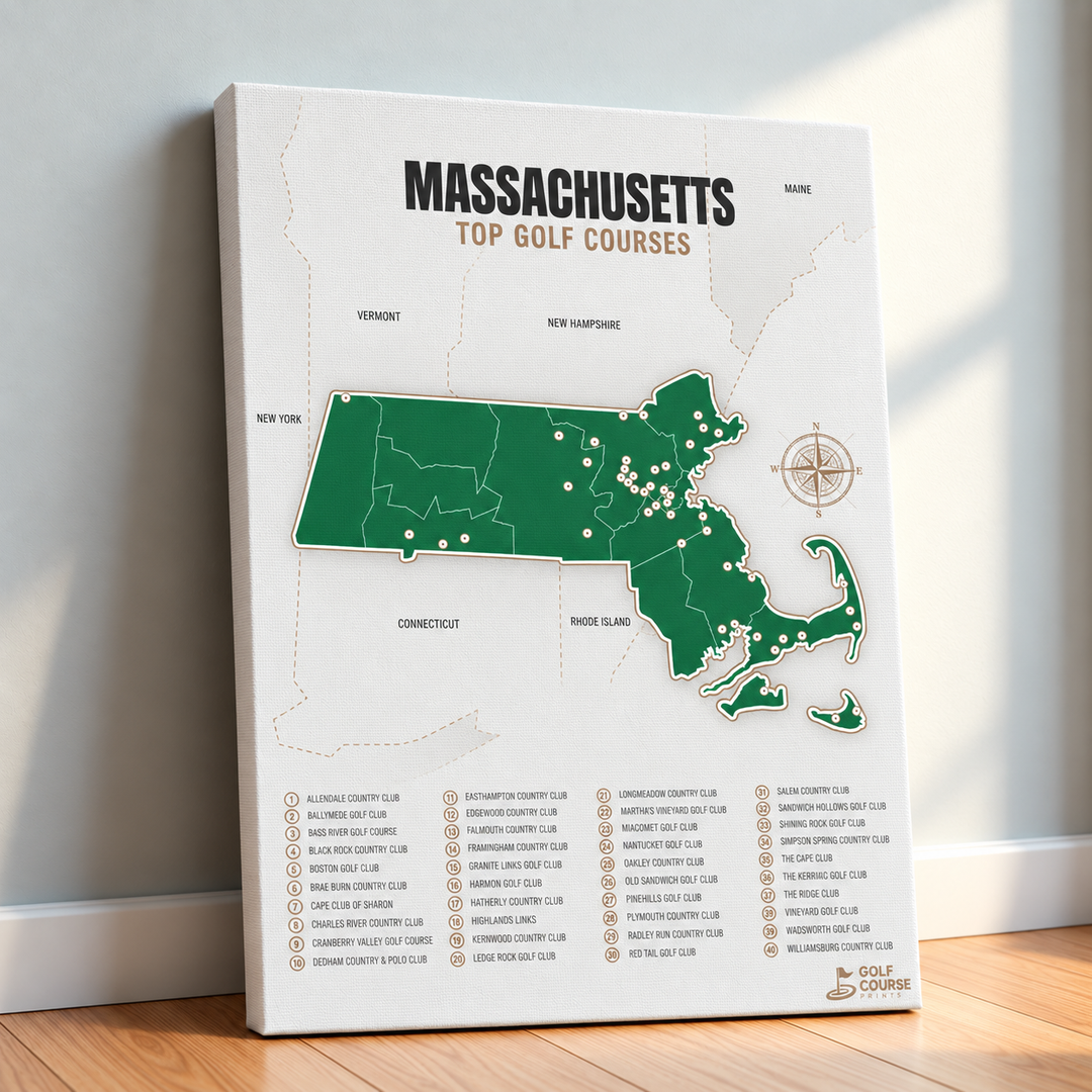 Massachusetts golf courses map in Green - Canvas