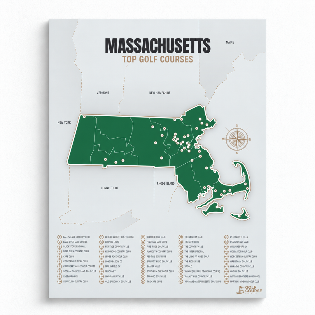 Massachusetts golf courses map in Green - Unframed