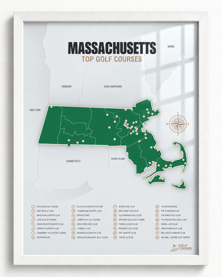 Massachusetts golf courses map in Green - White Framed