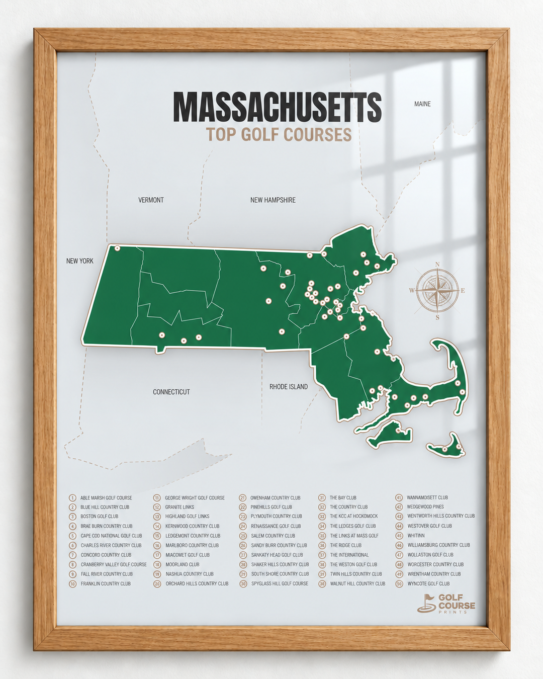 Massachusetts golf courses map in Green - Wooden Framed