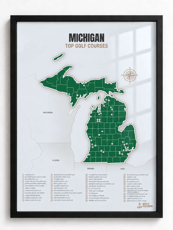Michigan golf courses map in Green - Black Framed