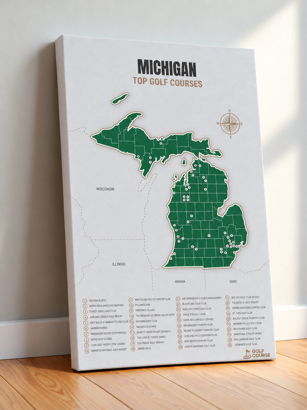 Michigan golf courses map in Green - Canvas