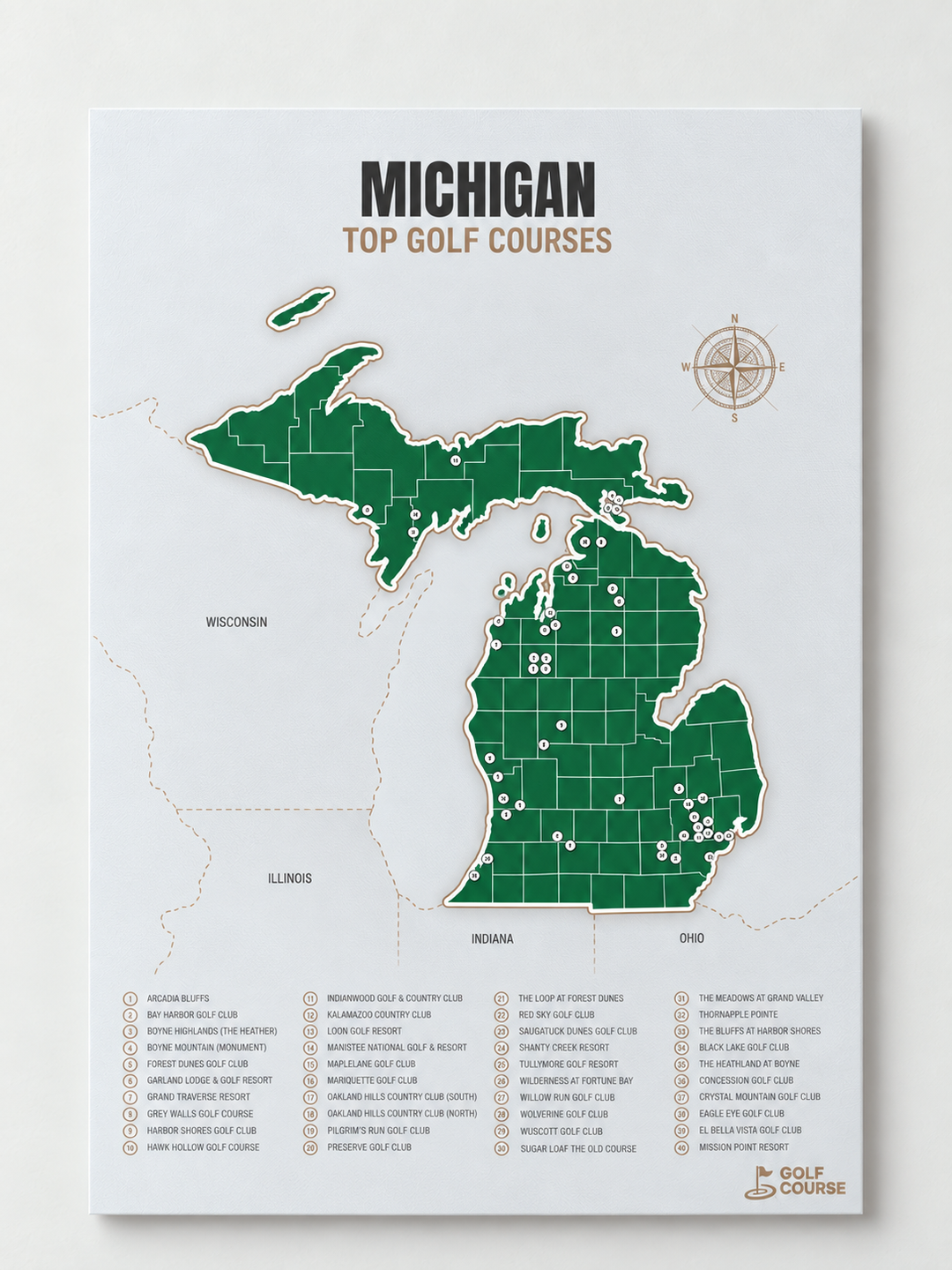 Michigan golf courses map in Green - Unframed