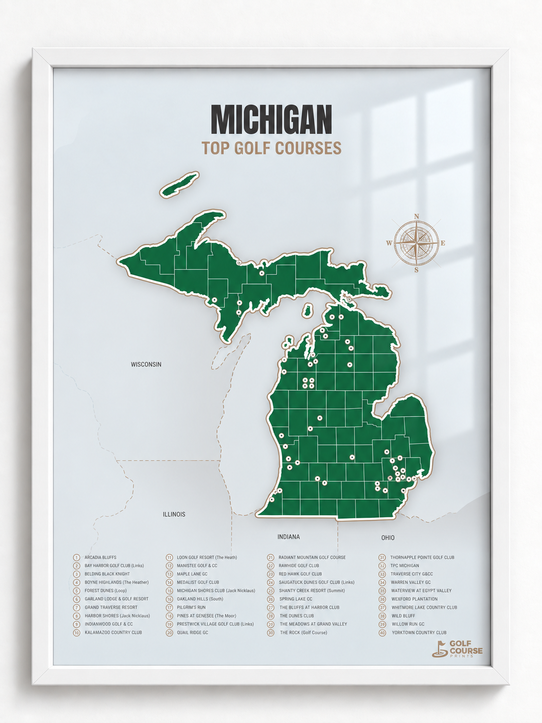 Michigan golf courses map in Green - White Framed