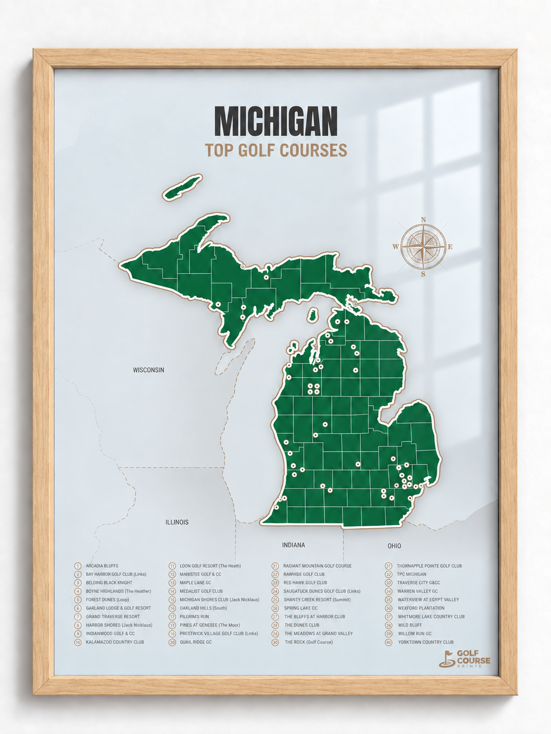 Michigan golf courses map in Green - Wooden Framed