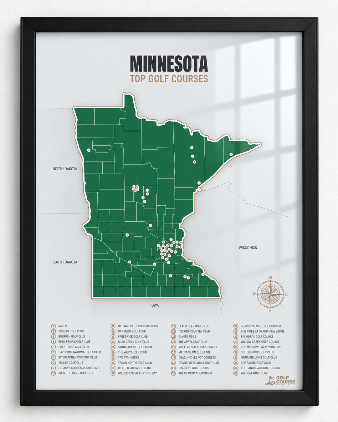 Minnesota golf courses map in Green - Black Framed