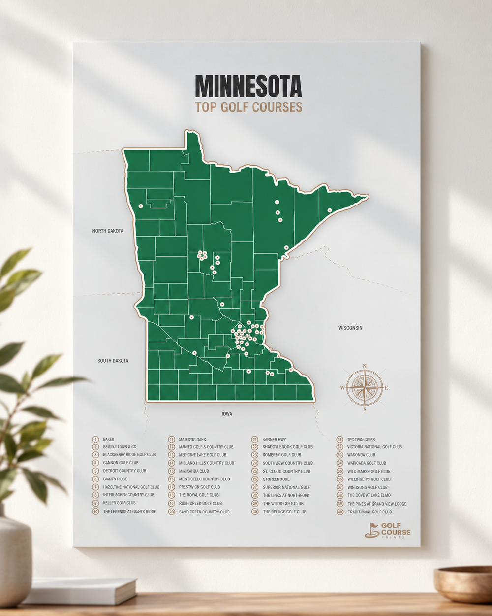 Minnesota golf courses map in Green - Unframed