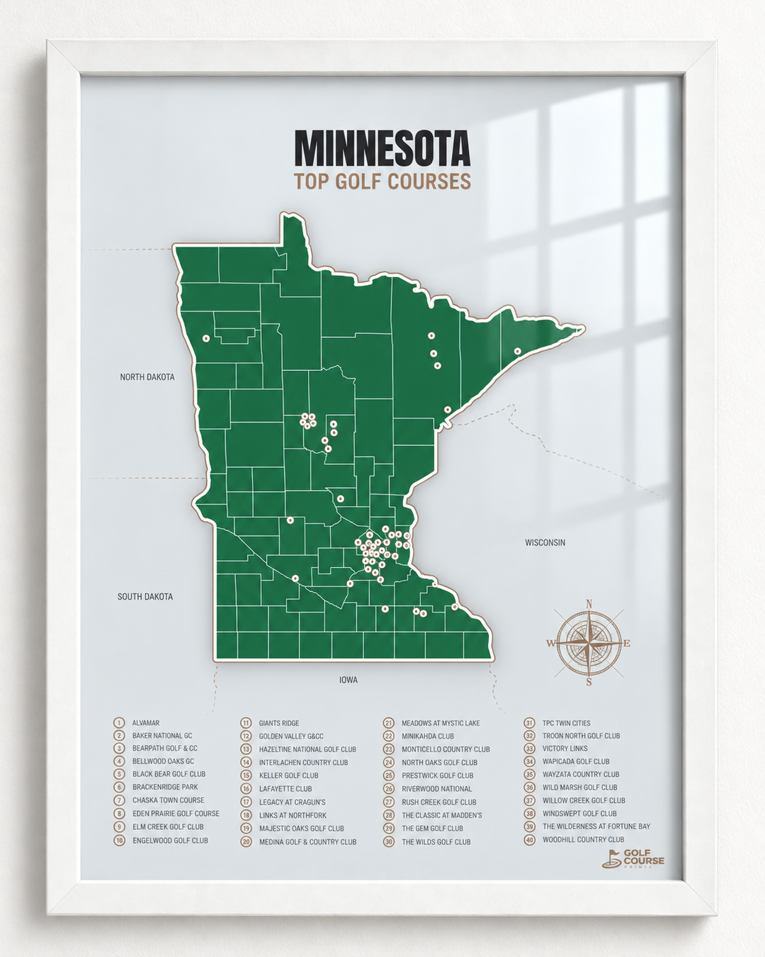 Minnesota golf courses map in Green - White Framed