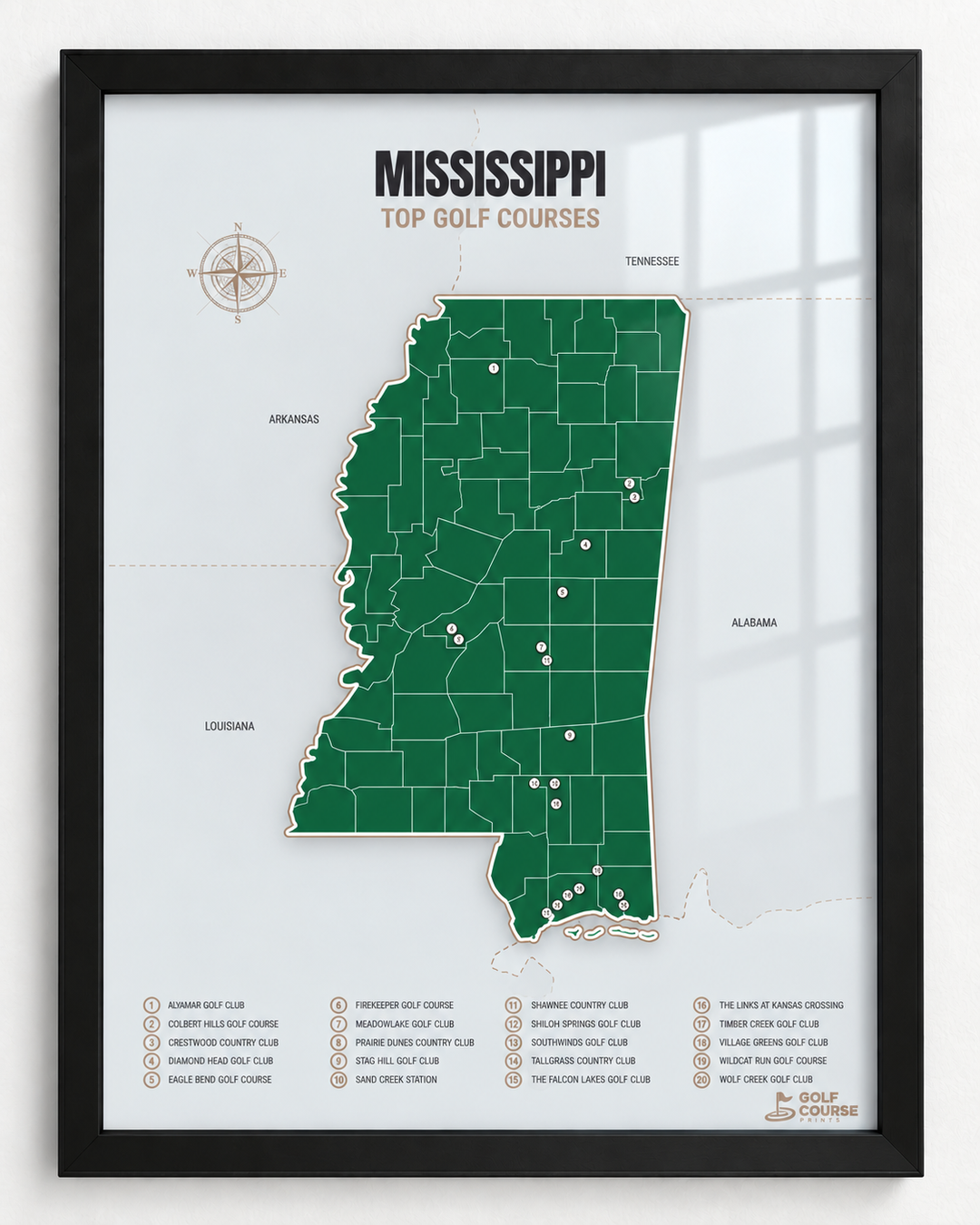 Mississippi golf courses map in Green - Black Framed
