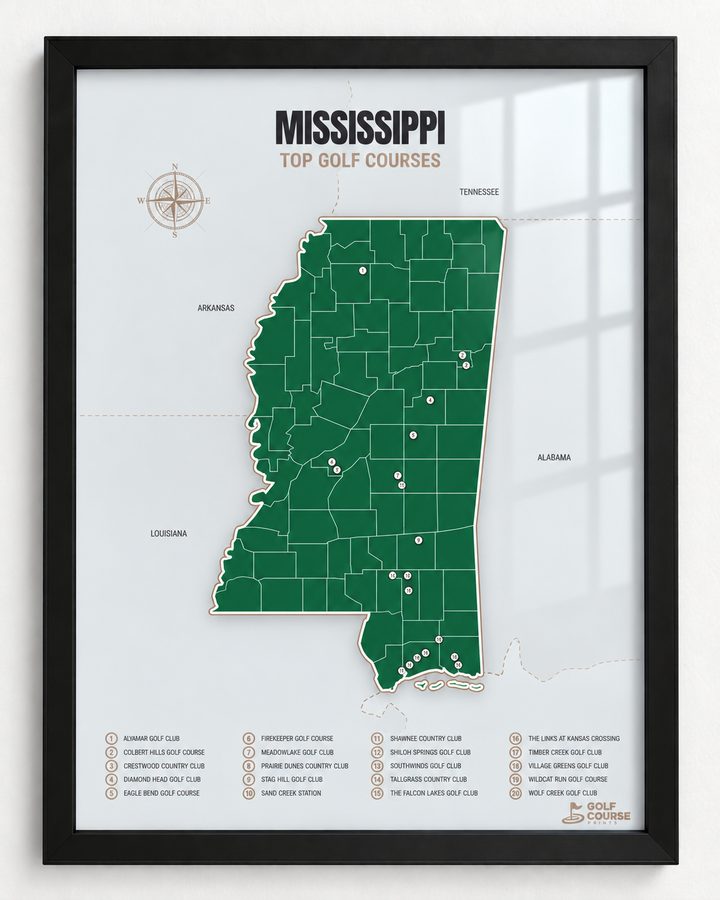 Mississippi golf courses map in Green - Black Framed