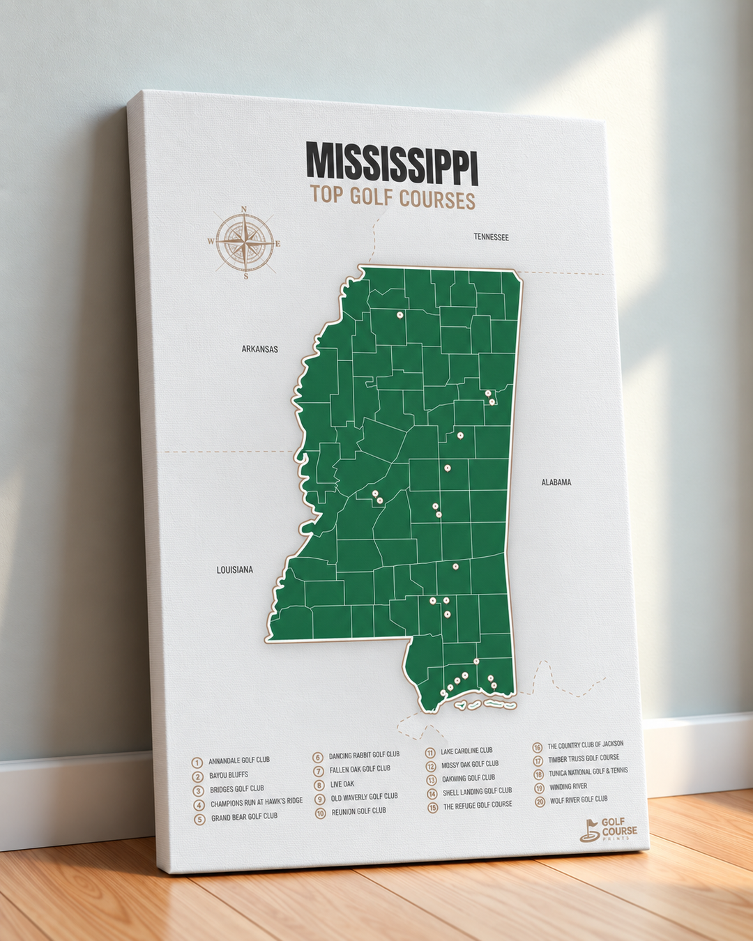 Mississippi golf courses map in Green - Canvas