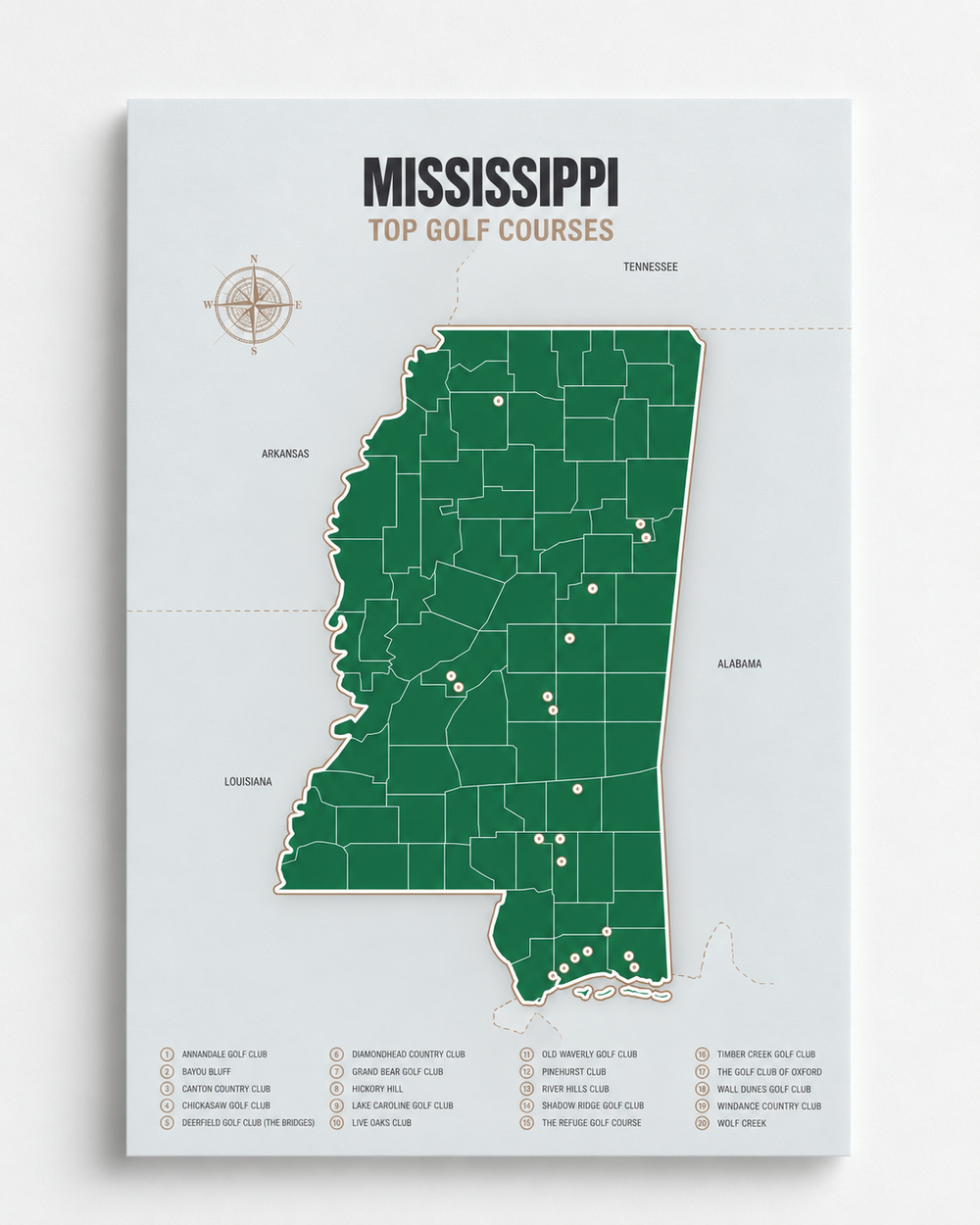 Mississippi golf courses map in Green - Unframed