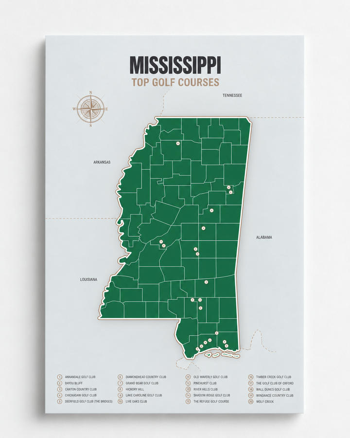 Mississippi golf courses map in Green - Unframed