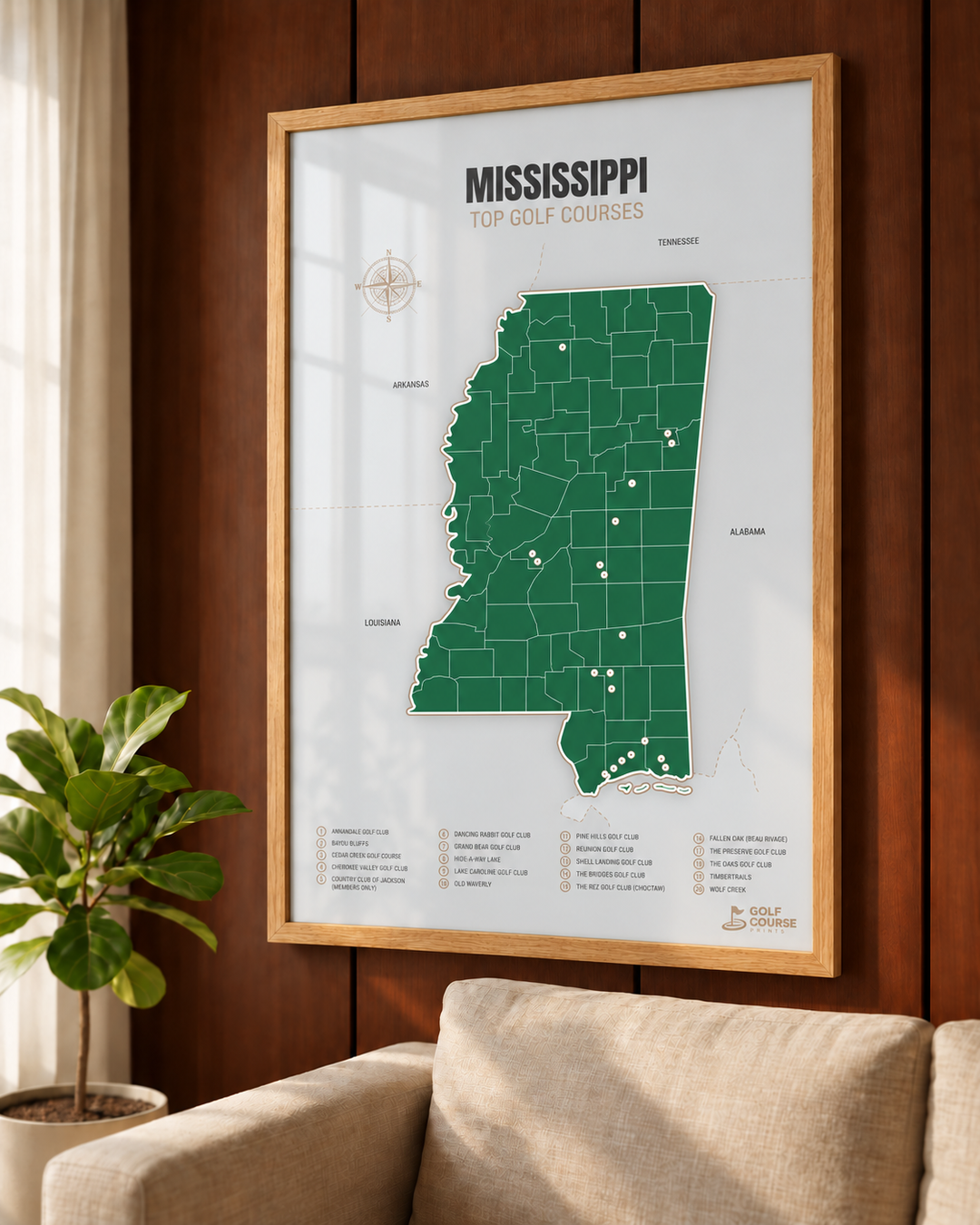 Mississippi golf courses map in Green - Lifestyle Wall