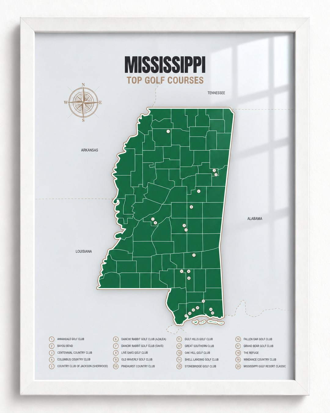 Mississippi golf courses map in Green - White Framed