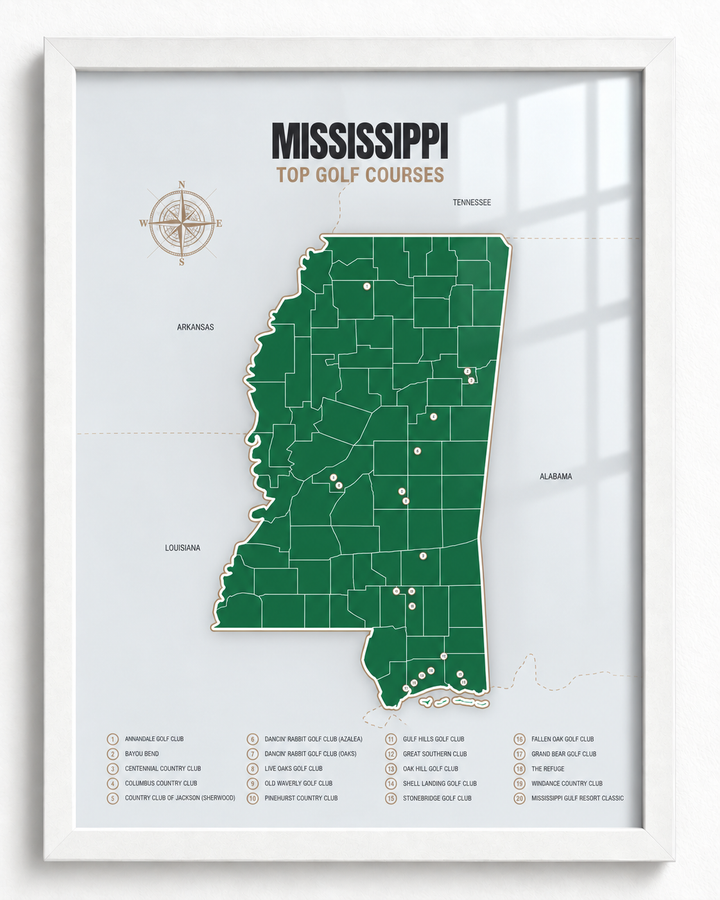 Mississippi golf courses map in Green - White Framed