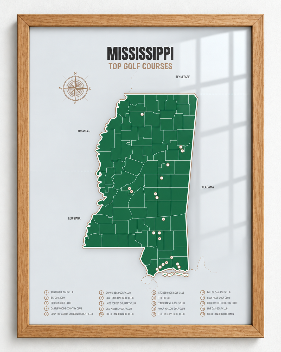 Mississippi golf courses map in Green - Wooden Framed