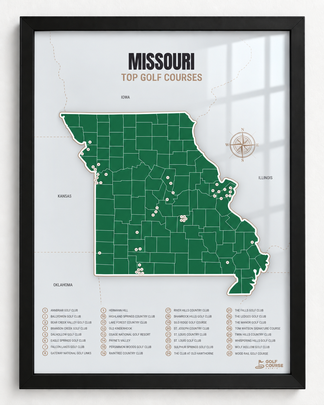 Missouri golf courses map in Green - Black Framed