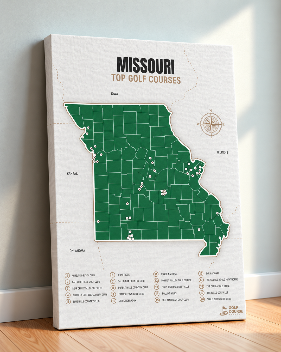 Missouri golf courses map in Green - Canvas