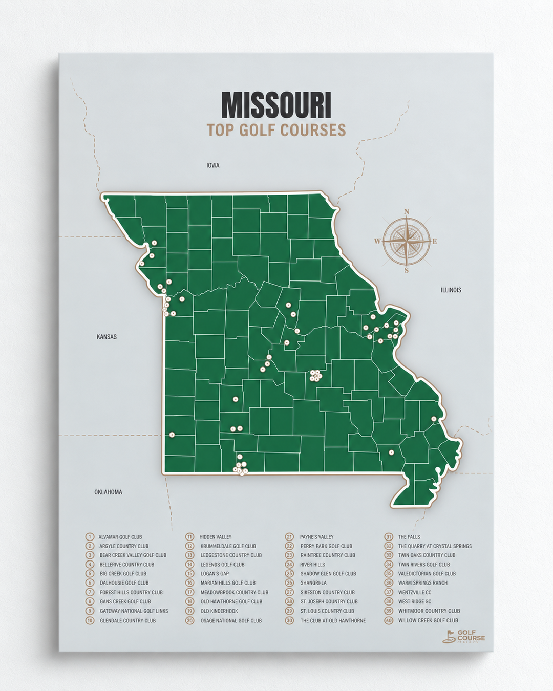 Missouri golf courses map in Green - Unframed