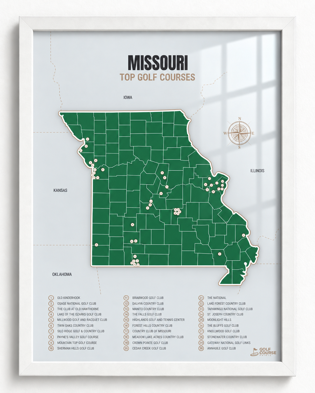 Missouri golf courses map in Green - White Framed