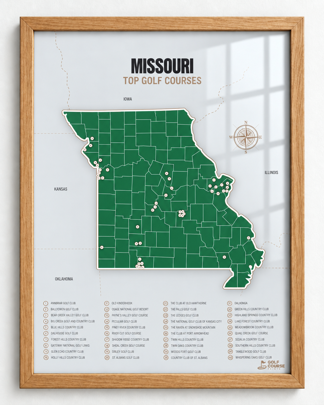 Missouri golf courses map in Green - Wooden Framed