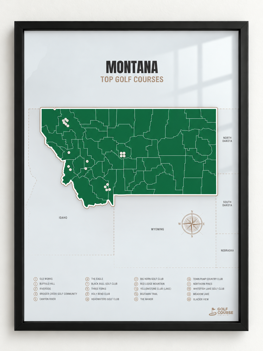 Montana golf courses map in Green - Black Framed