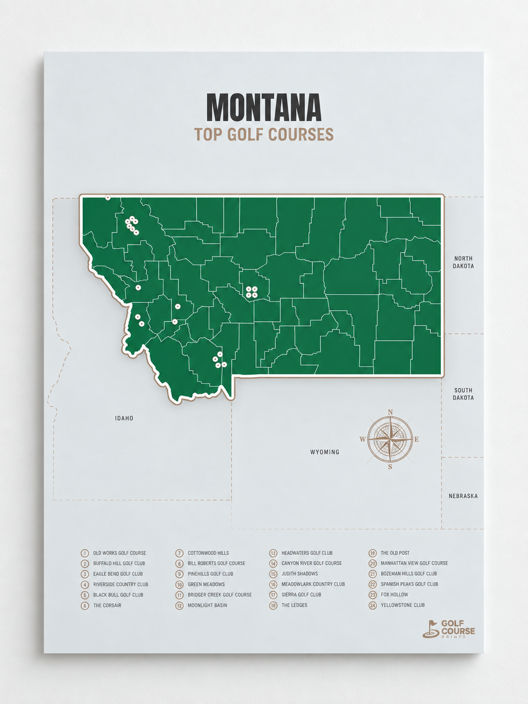 Montana golf courses map in Green - Unframed