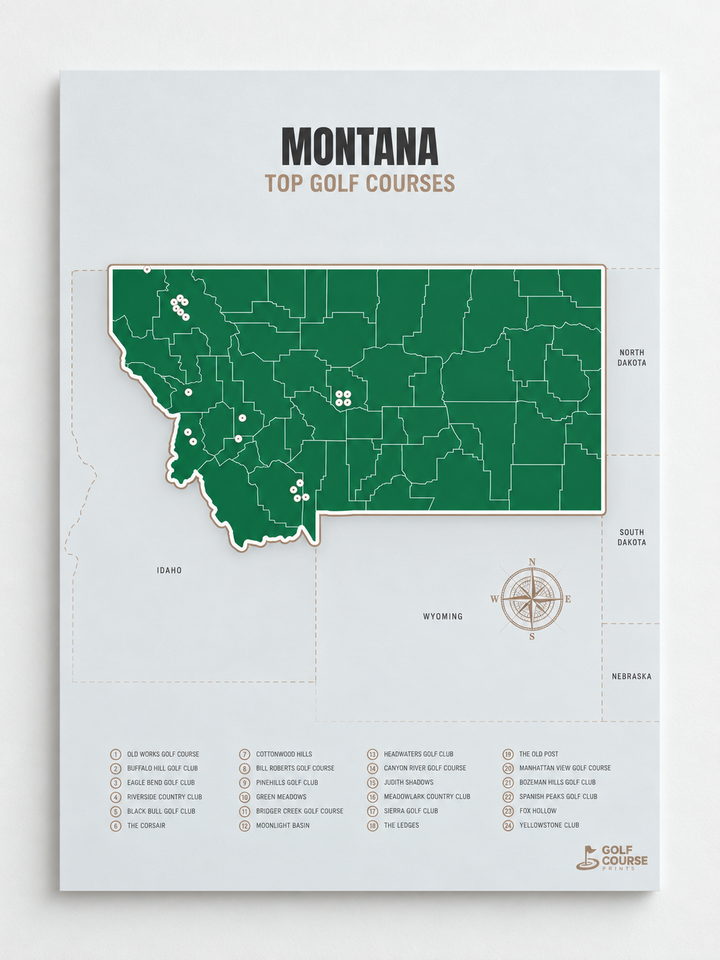 Montana golf courses map in Green - Unframed