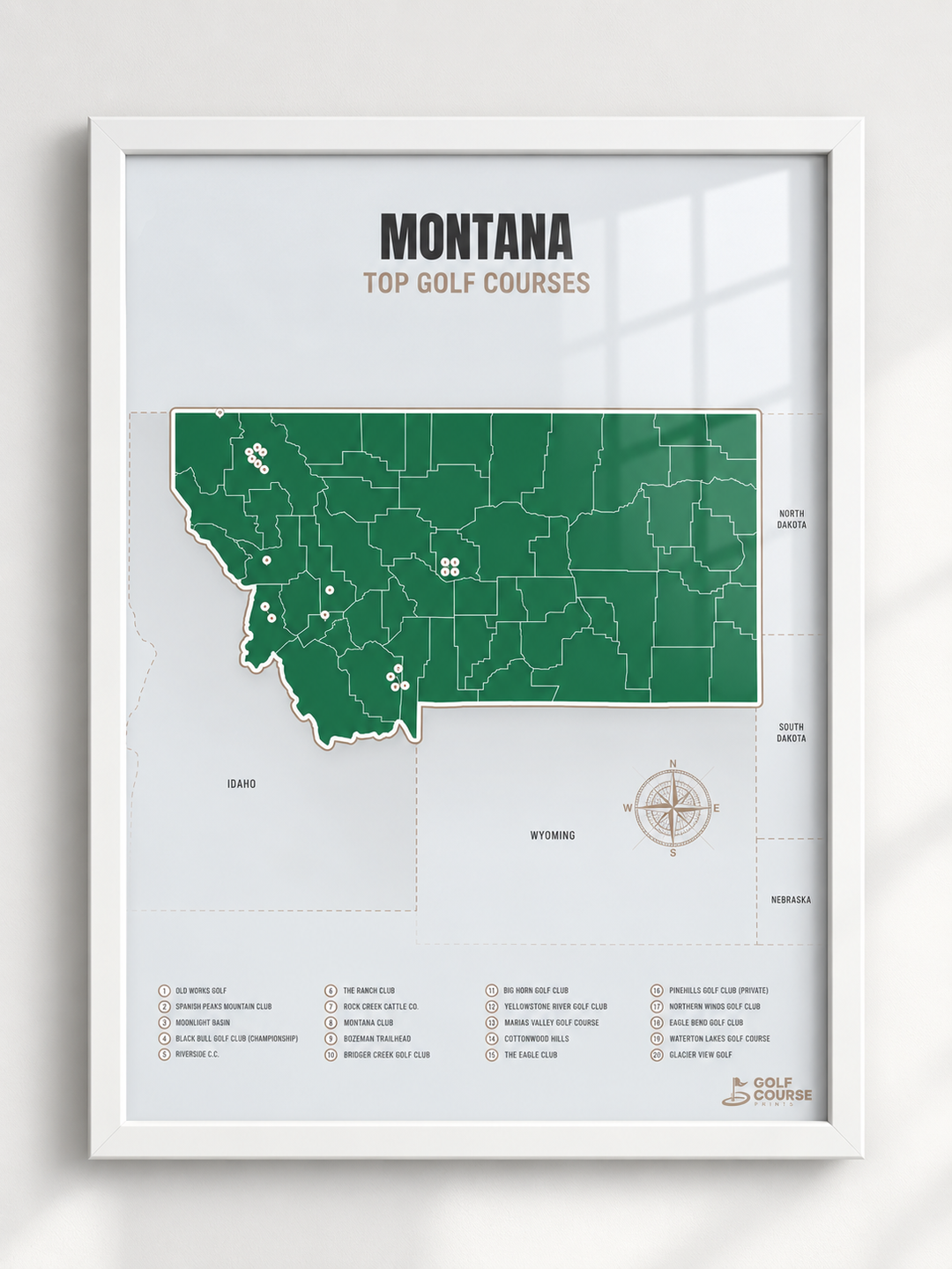 Montana golf courses map in Green - White Framed