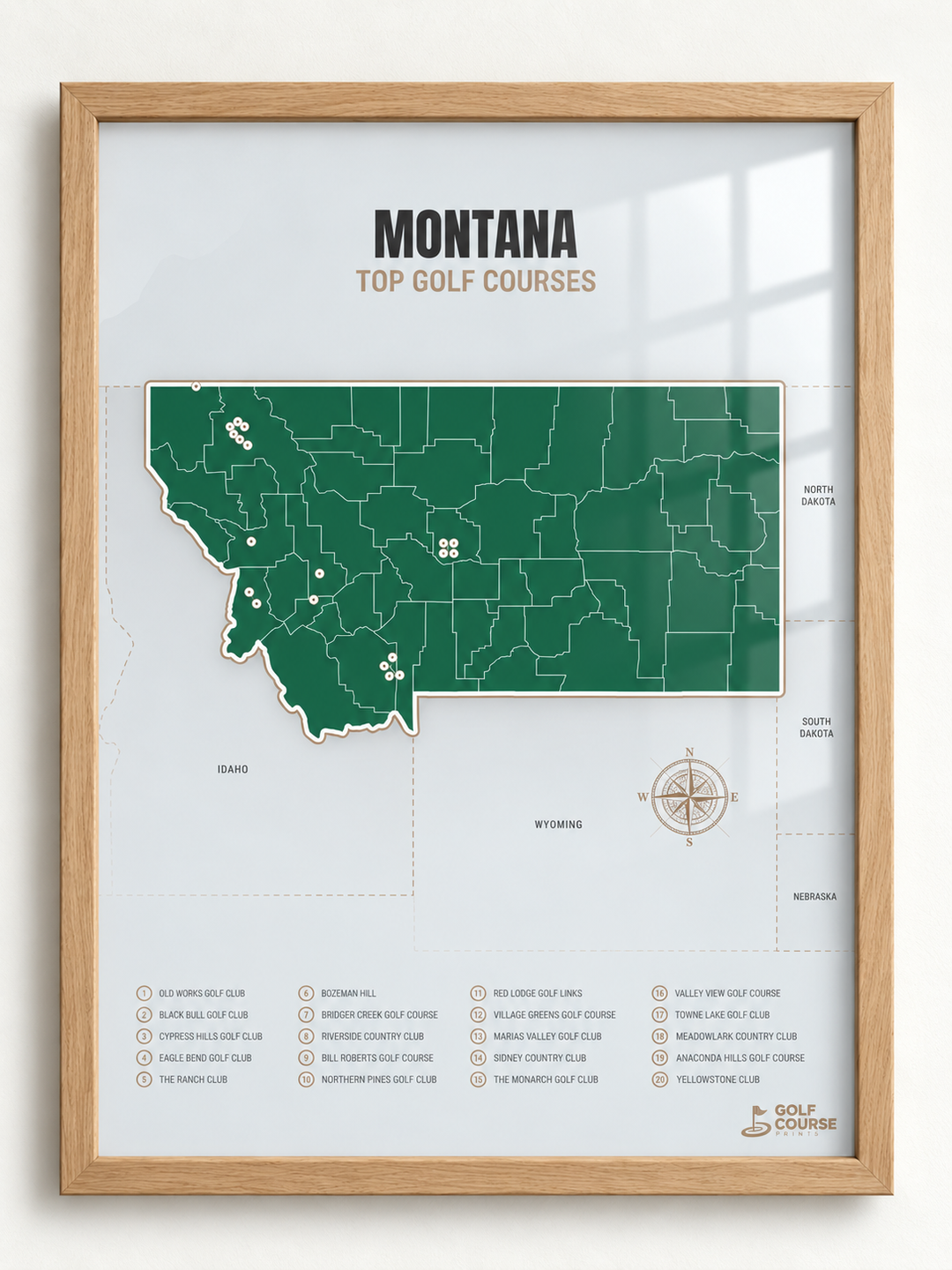 Montana golf courses map in Green - Wooden Framed
