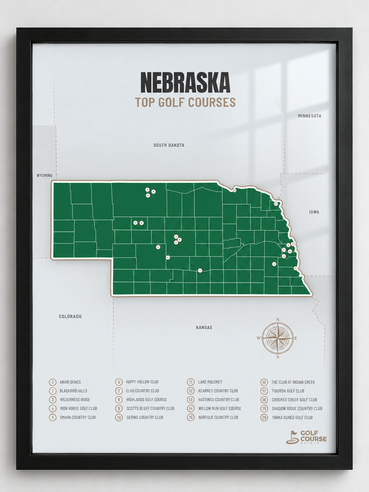 Nebraska golf courses map in Green - Black Framed