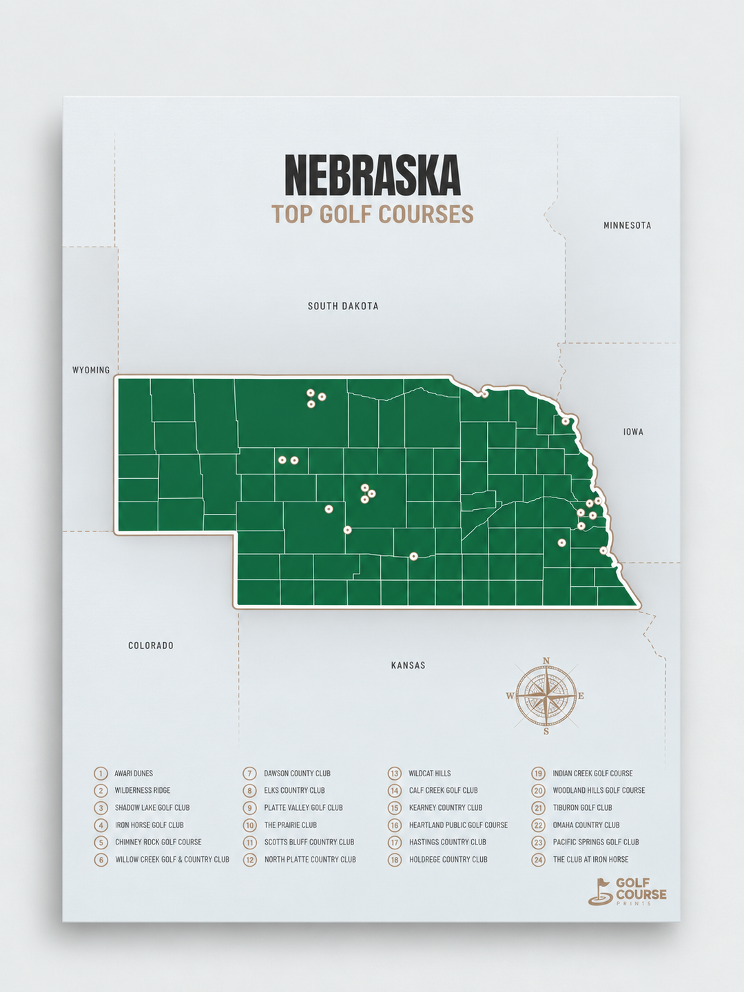 Nebraska golf courses map in Green - Unframed
