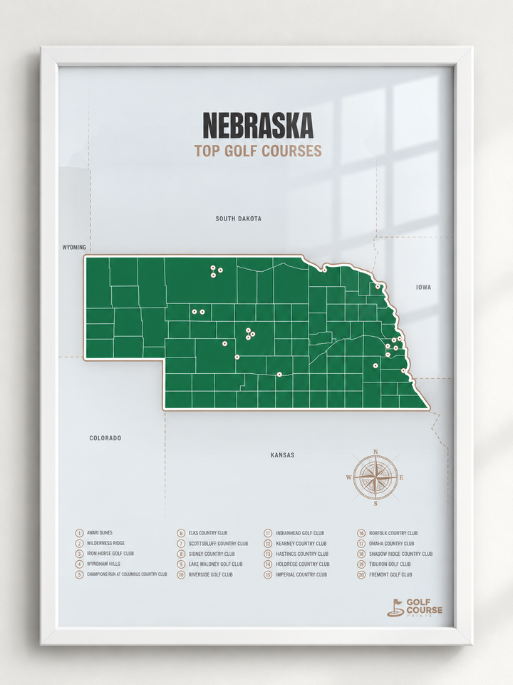 Nebraska golf courses map in Green - White Framed