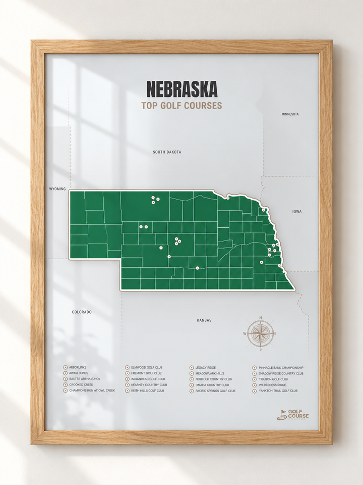 Nebraska golf courses map in Green - Wooden Framed