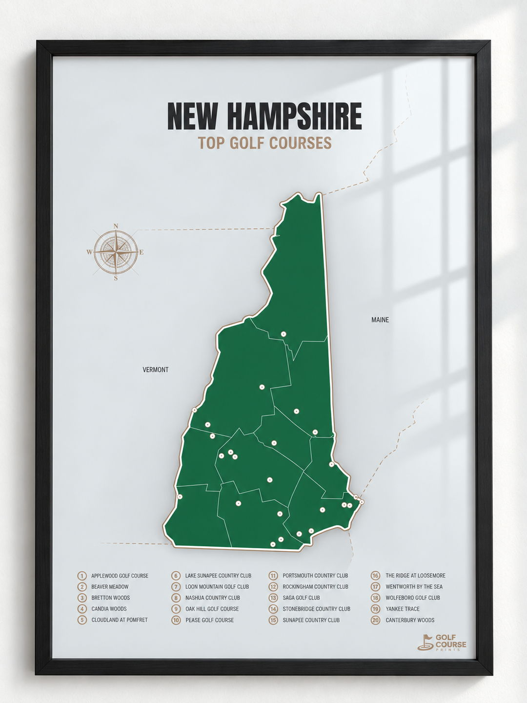 New Hampshire golf courses map in Green - Black Framed